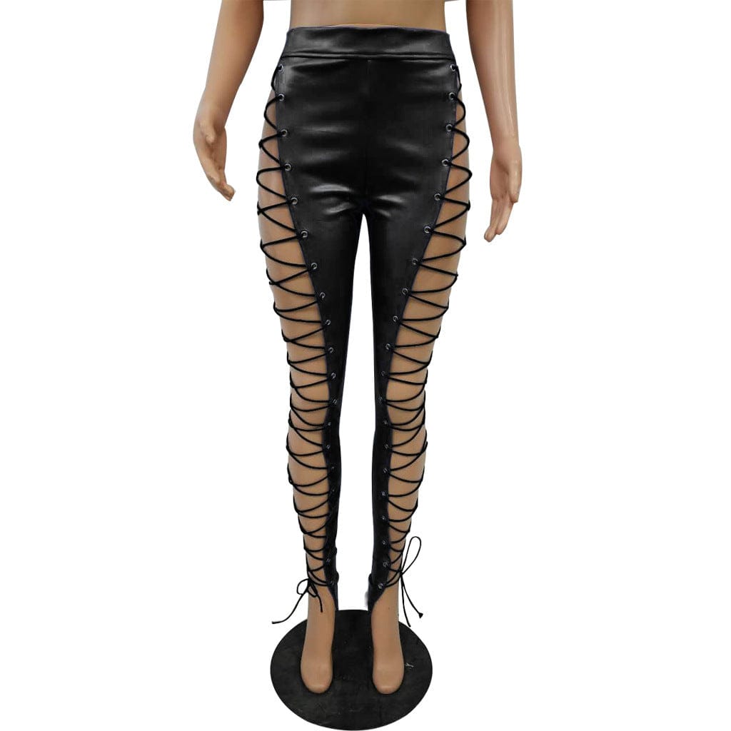 Tight Black Hollow Out Lace Up Sexy Pencil Pants Women High Waist Bandage Leggings Club Party Pu Faux Leather Pants