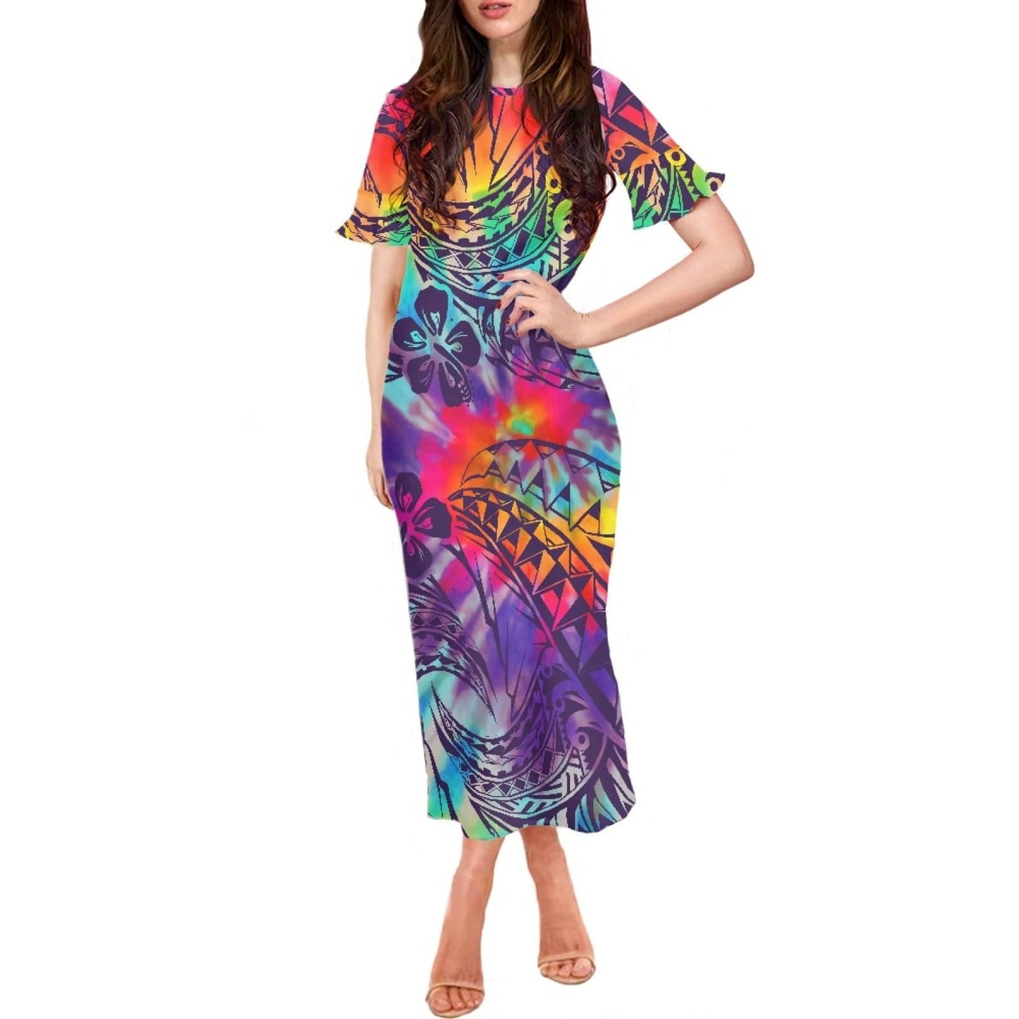 top quality tie dye art design samoa style tradition women long dress sexy slim wrap hip dress samoan dresses