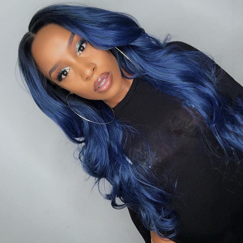 Transparent Dark Blue T Part Body Wave Wigs Pre Plucked 28 30 Inch Lace Front Human Hair Wigs Ombre Colored 13x4 Lace Front Wig