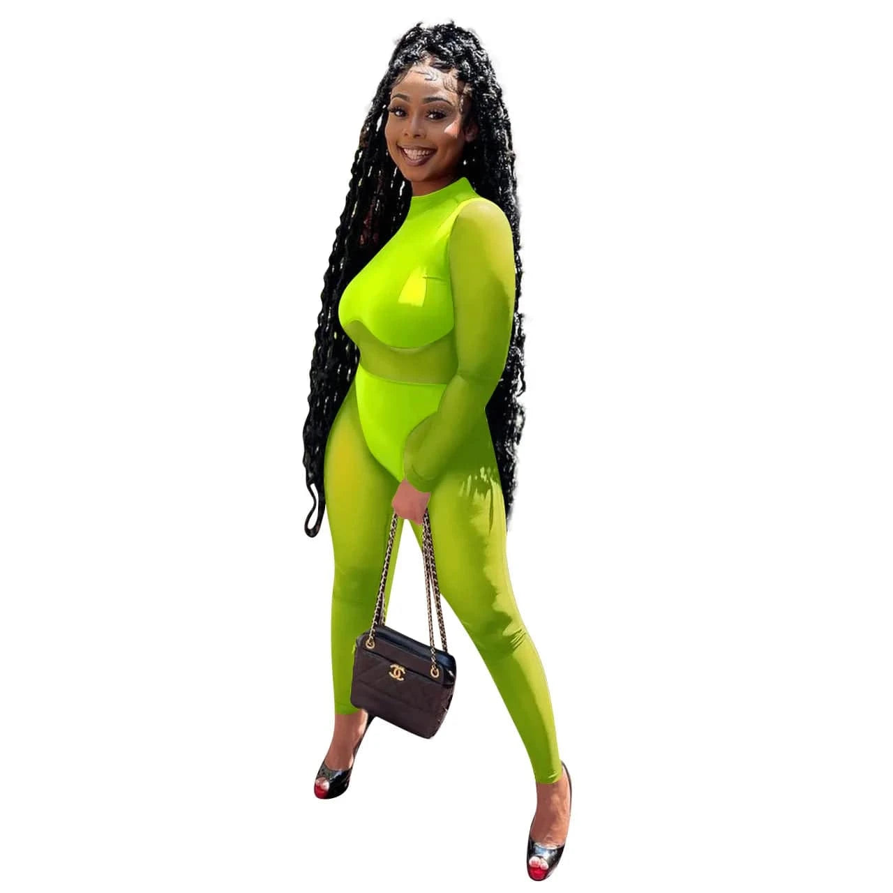 Transparent Mesh Long Sleeve Skinny Jumpsuit Streetwear See Through Bodysuit Autumn Solid One Piece Sheer Jumpsuit Women Romper