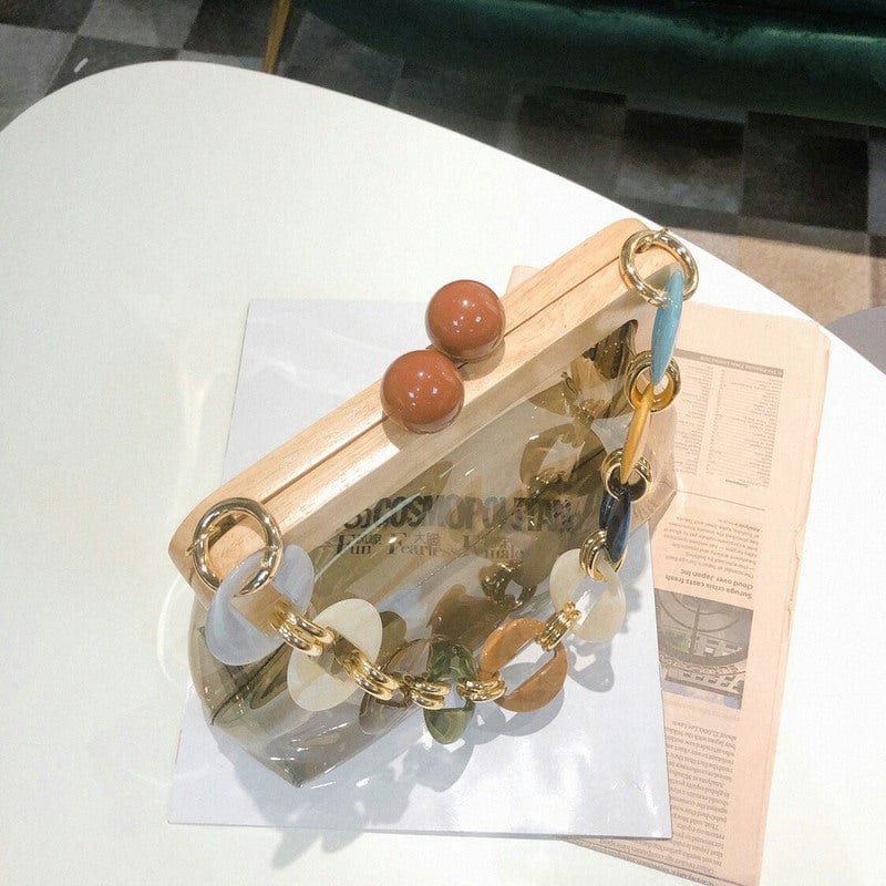 Transparent Wooden Lady Hand Bag with Circular Ring Handle Chain Crossbody Bag