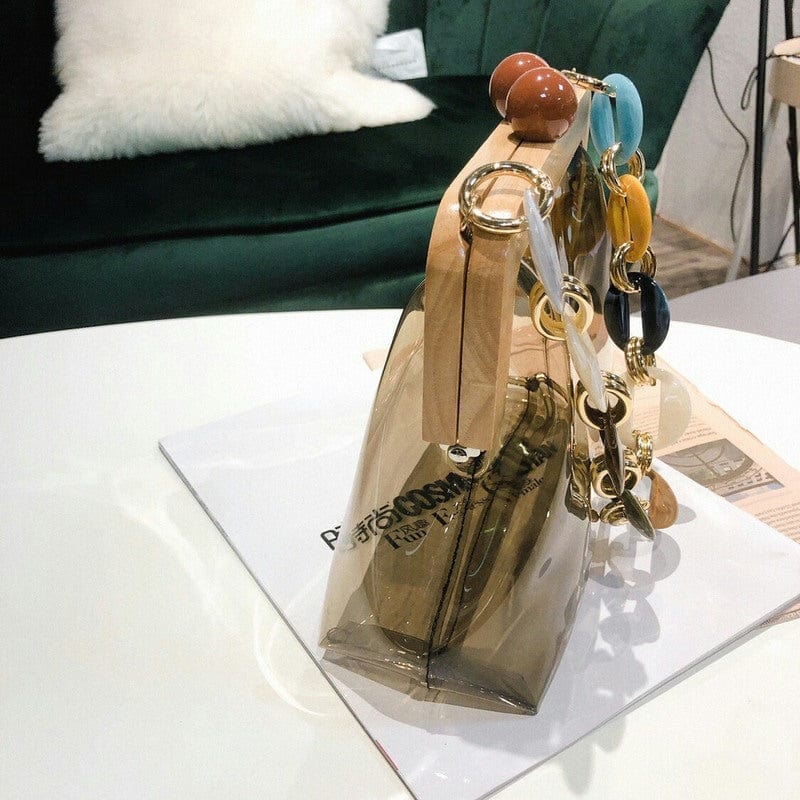 Transparent Wooden Lady Hand Bag with Circular Ring Handle Chain Crossbody Bag