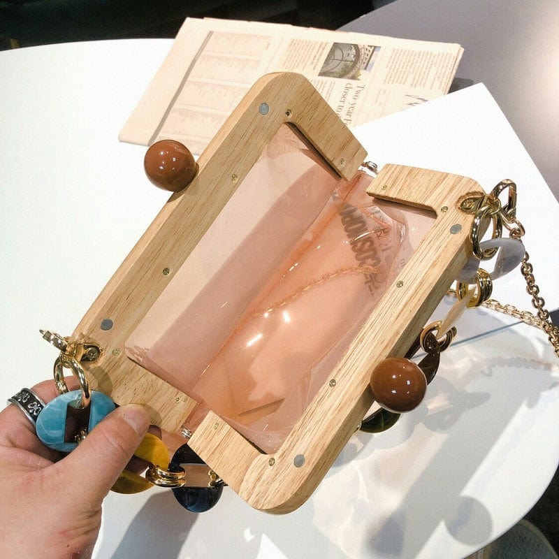 Transparent Wooden Lady Hand Bag with Circular Ring Handle Chain Crossbody Bag
