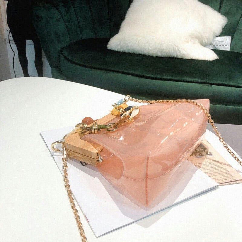 Transparent Wooden Lady Hand Bag with Circular Ring Handle Chain Crossbody Bag