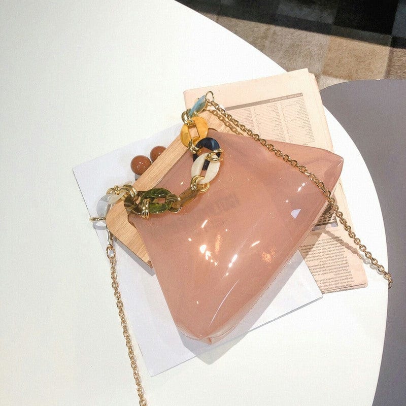 Transparent Wooden Lady Hand Bag with Circular Ring Handle Chain Crossbody Bag