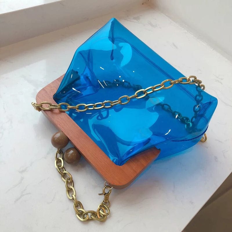 Transparent Wooden Lady Hand Bag with Circular Ring Handle Chain Crossbody Bag