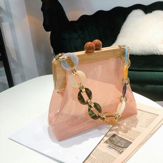Transparent Wooden Lady Hand Bag with Circular Ring Handle Chain Crossbody Bag