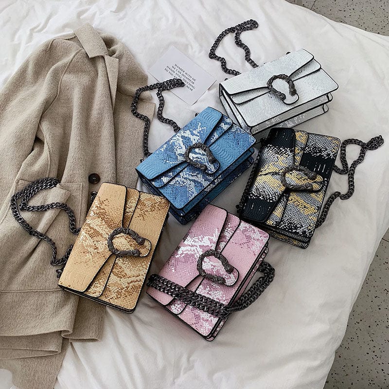 Trendy Fashion Luxury Brand Designer Chain Crossbody Small Flap Bag Ladies Snake Skin Handbags for Women Leather
