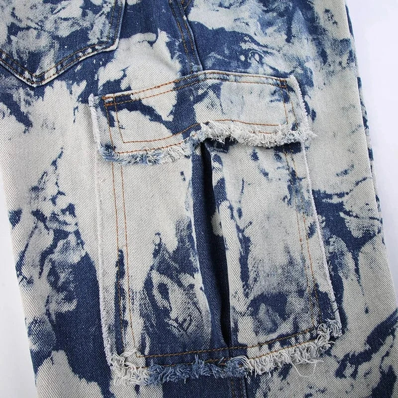 Trendy Streetwear Ladies Casual Washed Denim Baggy Pocket Straight Cargo Pants Trousers Tie Dye Women's Jeans