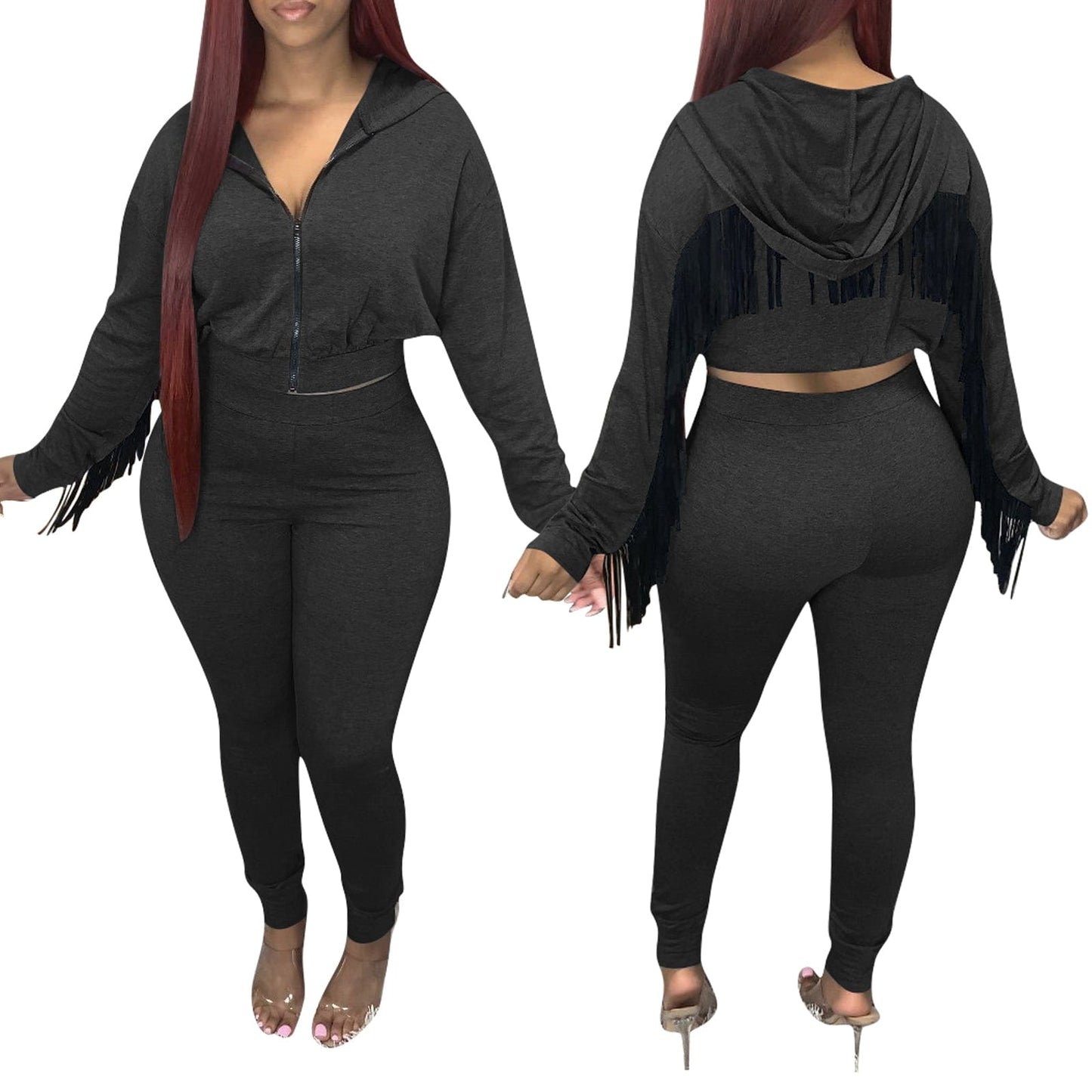 Trendy Women Clothes 2022 Hot Sale Fashion Solid Color Zipper Hooded Track Pants Set with Fringed