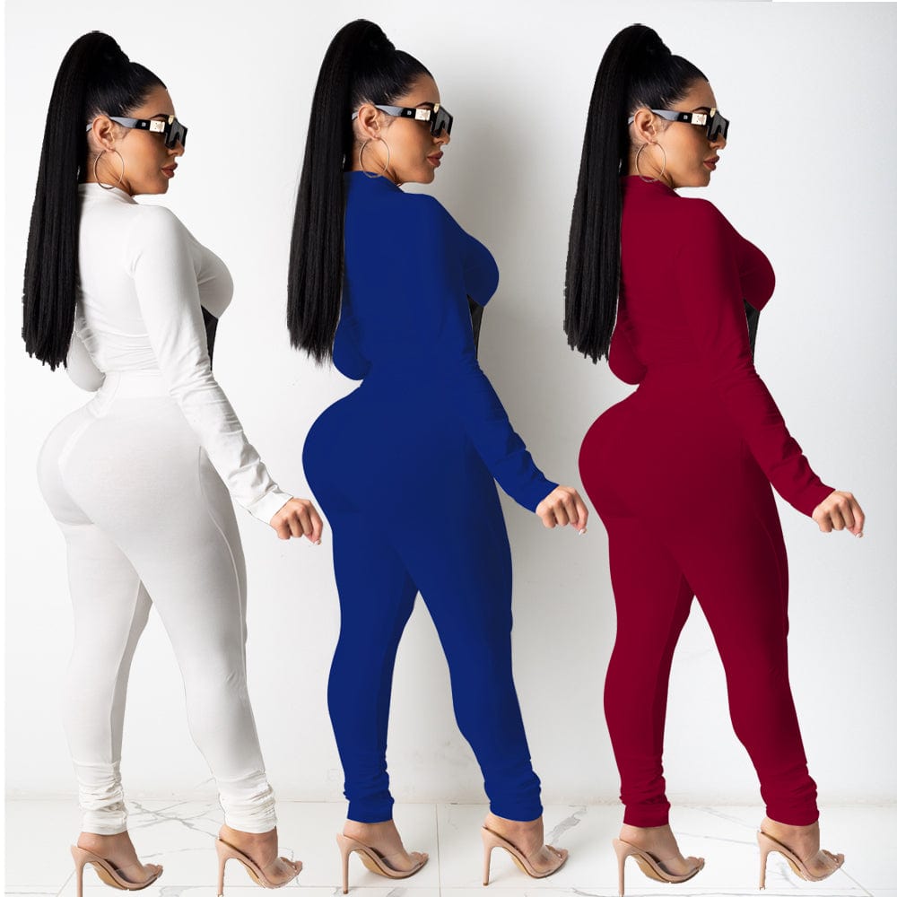 Trendy Women Clothes Autumn Fashion Women Solid Round Neck Long Sleeve Zipper Top Belted Pants 2 Pcs
