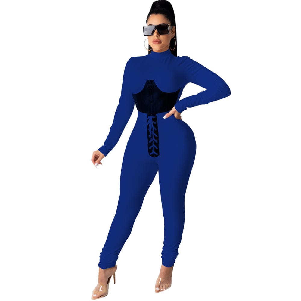 Trendy Women Clothes Autumn Fashion Women Solid Round Neck Long Sleeve Zipper Top Belted Pants 2 Pcs