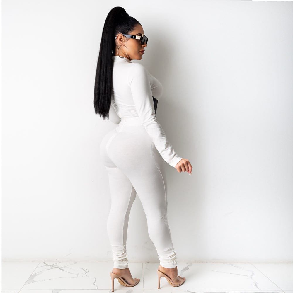 Trendy Women Clothes Autumn Fashion Women Solid Round Neck Long Sleeve Zipper Top Belted Pants 2 Pcs
