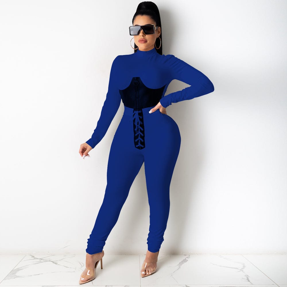 Trendy Women Clothes Autumn Fashion Women Solid Round Neck Long Sleeve Zipper Top Belted Pants 2 Pcs