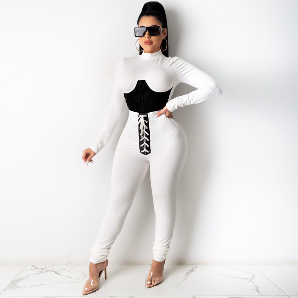 Trendy Women Clothes Autumn Fashion Women Solid Round Neck Long Sleeve Zipper Top Belted Pants 2 Pcs