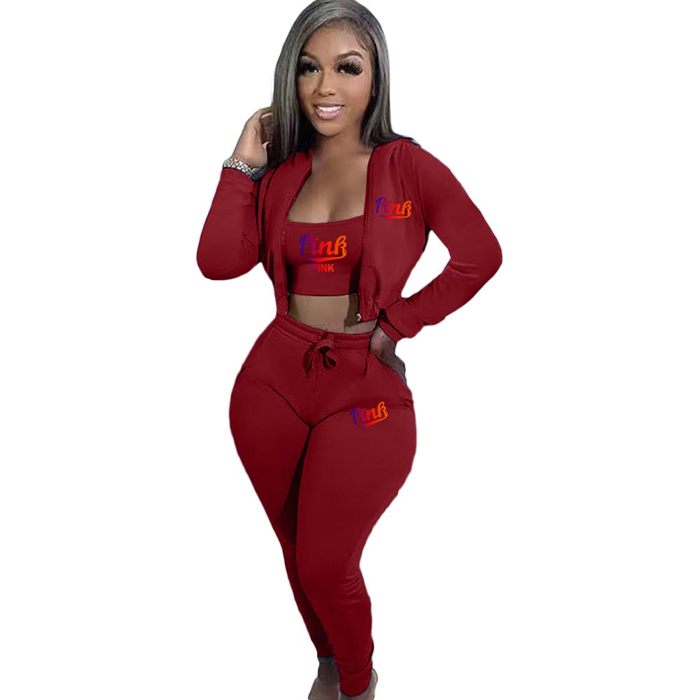 Trendy Women Clothes Casual Print Gradient Patchwork Sweatsuit Hooded Collar Long Sleeve Three Pieces