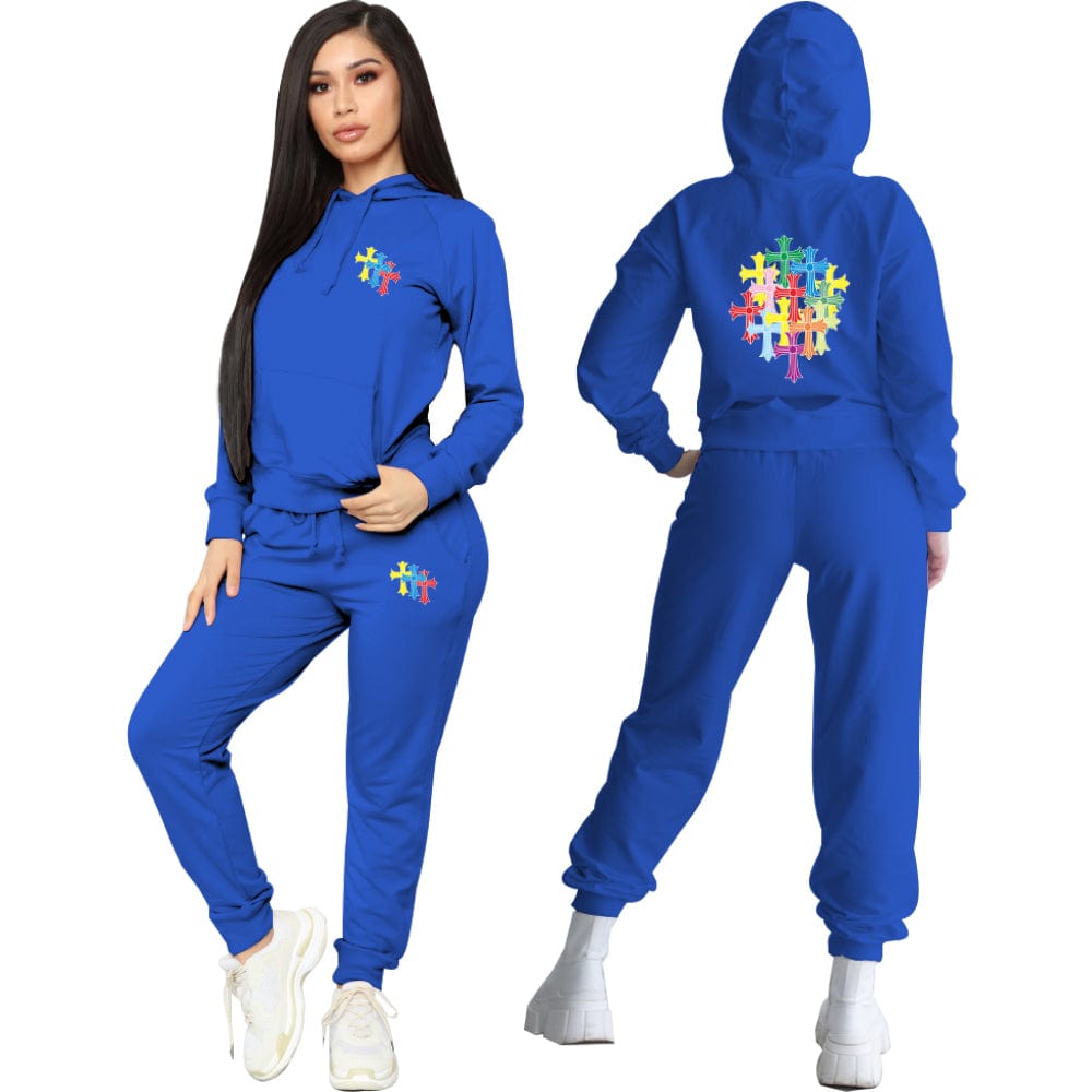 Trendy Women Clothes Designer Clothes Fashion Printed Drawstring Hooded Collar Long Sleeve Two Pieces Pant Set