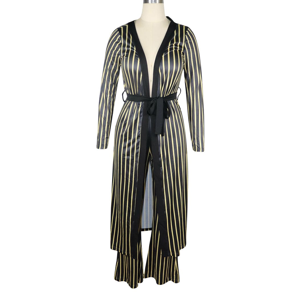 Trendy Women Clothes Fashion Stripe Print Long Sleeve Pant Two Piece Set(With Waist Belt)