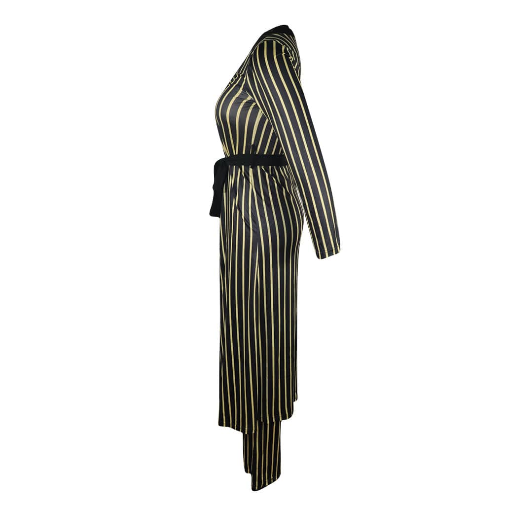 Trendy Women Clothes Fashion Stripe Print Long Sleeve Pant Two Piece Set(With Waist Belt)