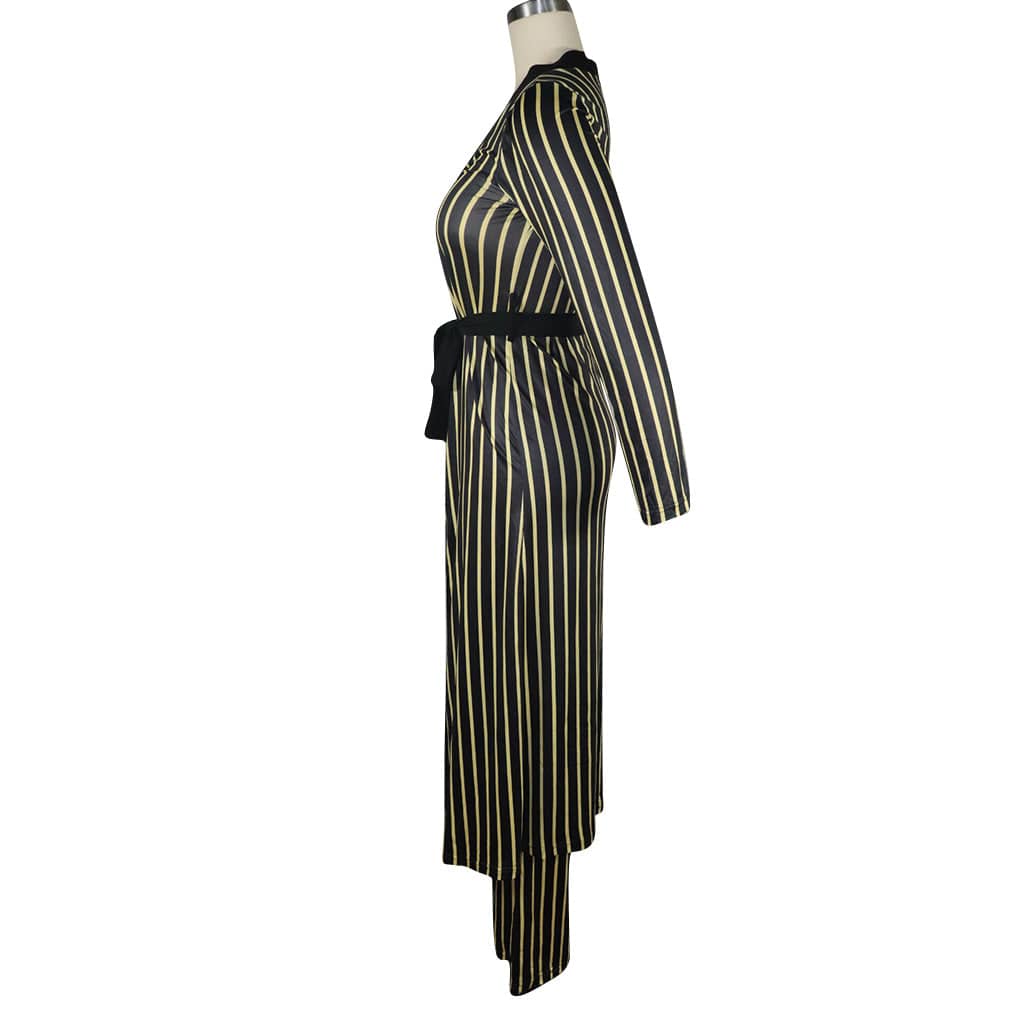 Trendy Women Clothes Fashion Stripe Print Long Sleeve Pant Two Piece Set(With Waist Belt)
