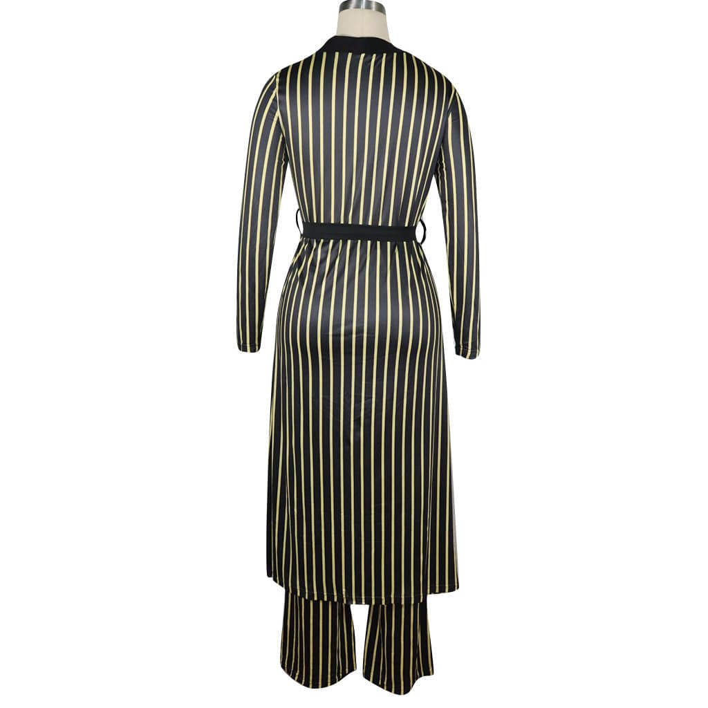 Trendy Women Clothes Fashion Stripe Print Long Sleeve Pant Two Piece Set(With Waist Belt)