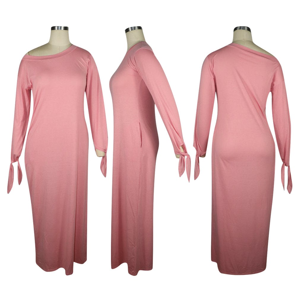 Trendy Women Clothes New Stylish Women Oblique Shoulder Long Sleeves Solid Casual Long Dress Club