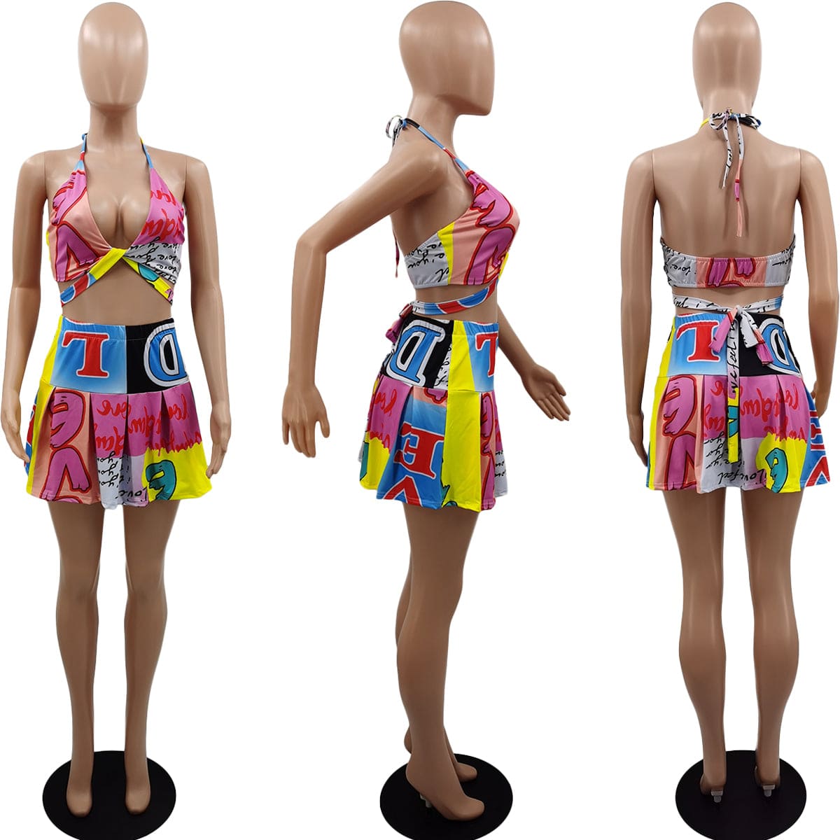 Trendy women clothes printed suspenders halter pleated skirt sexy women's clothing