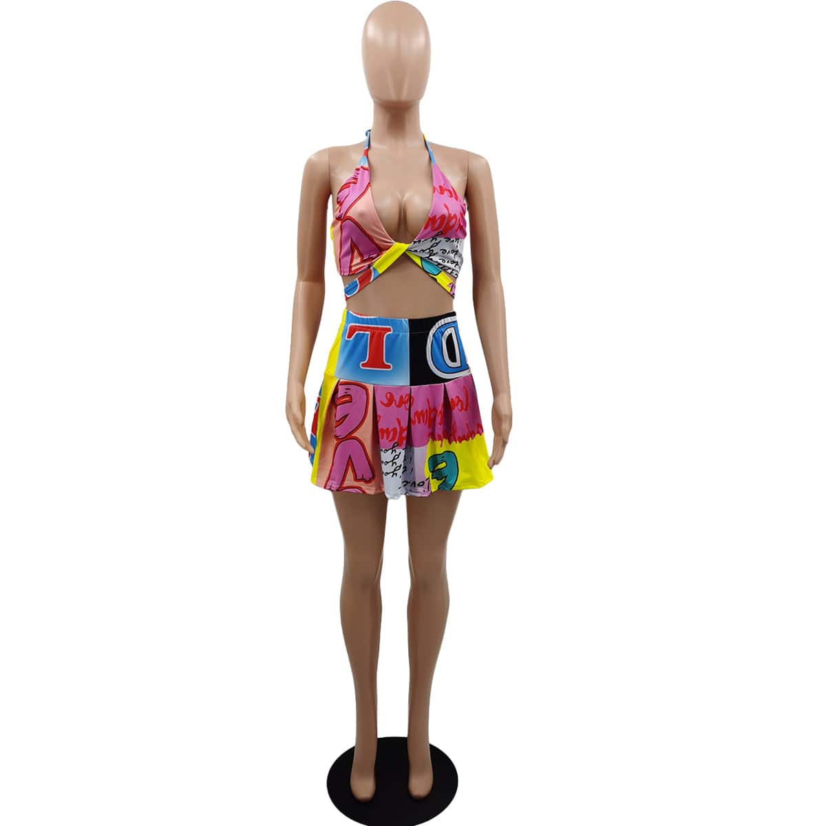 Trendy women clothes printed suspenders halter pleated skirt sexy women's clothing