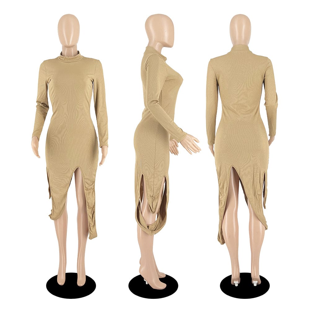 Trendy Women Clothes Sexy Solid Pit Split Joint Half A Turtleneck Irregular Dresses