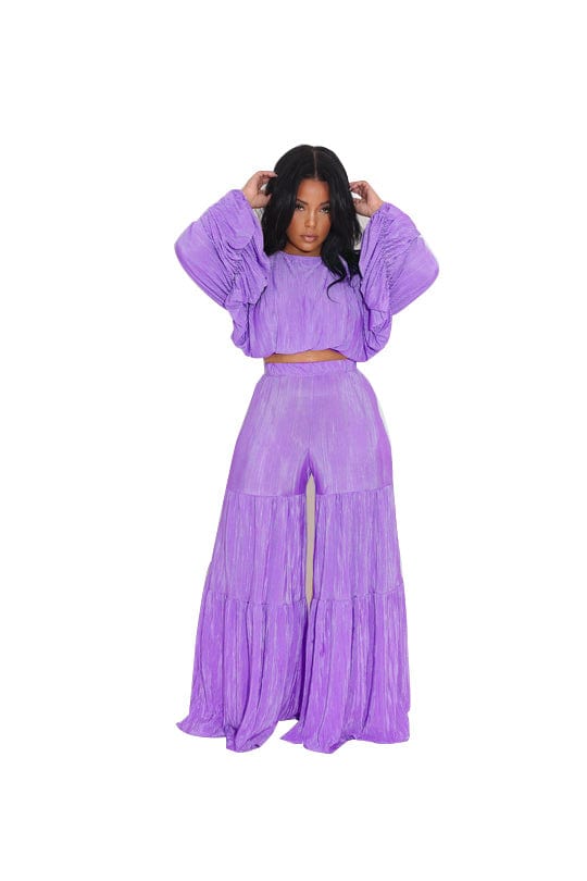 Trendy Women Clothes Solid Plain Fall Lady Casual Crop Top Blouse With Wide Leg 2 Piece Set Two Piece Pants Set Women Clothing