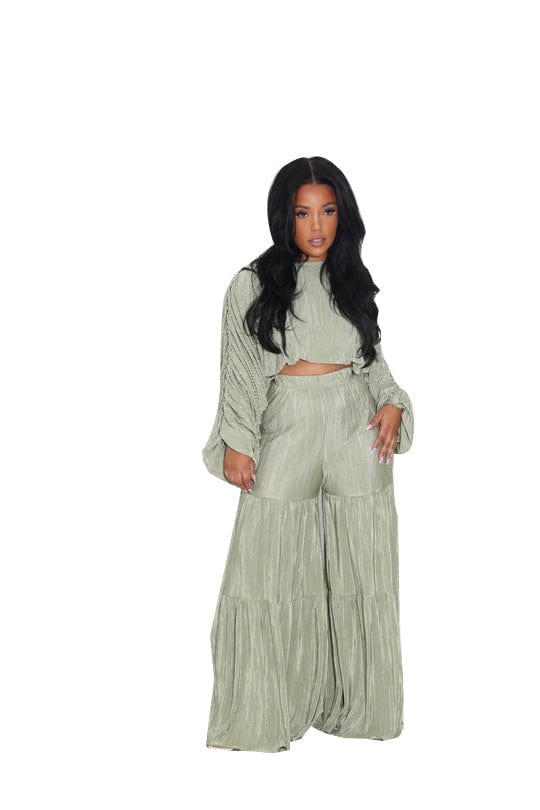 Trendy Women Clothes Solid Plain Fall Lady Casual Crop Top Blouse With Wide Leg 2 Piece Set Two Piece Pants Set Women Clothing