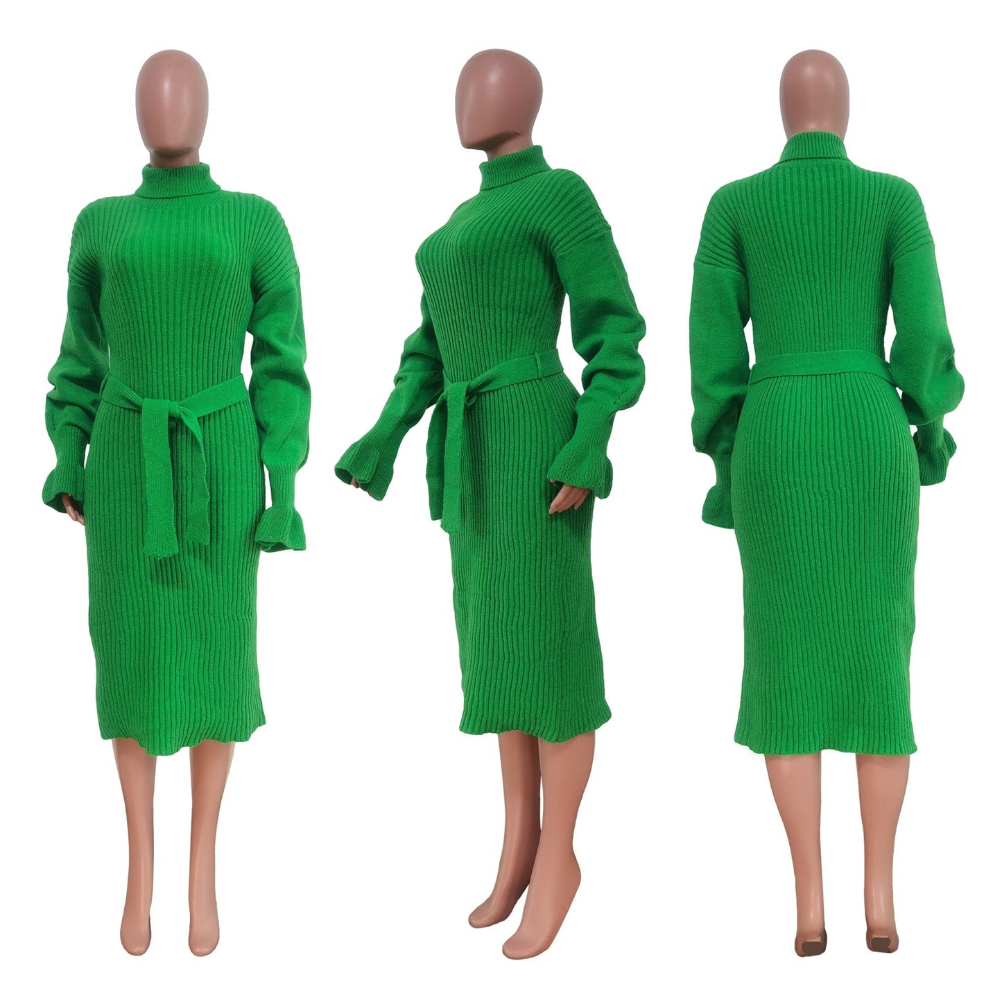 Trendy Women Clothes Turtleneck Knit Tie Waist Midi Dresses