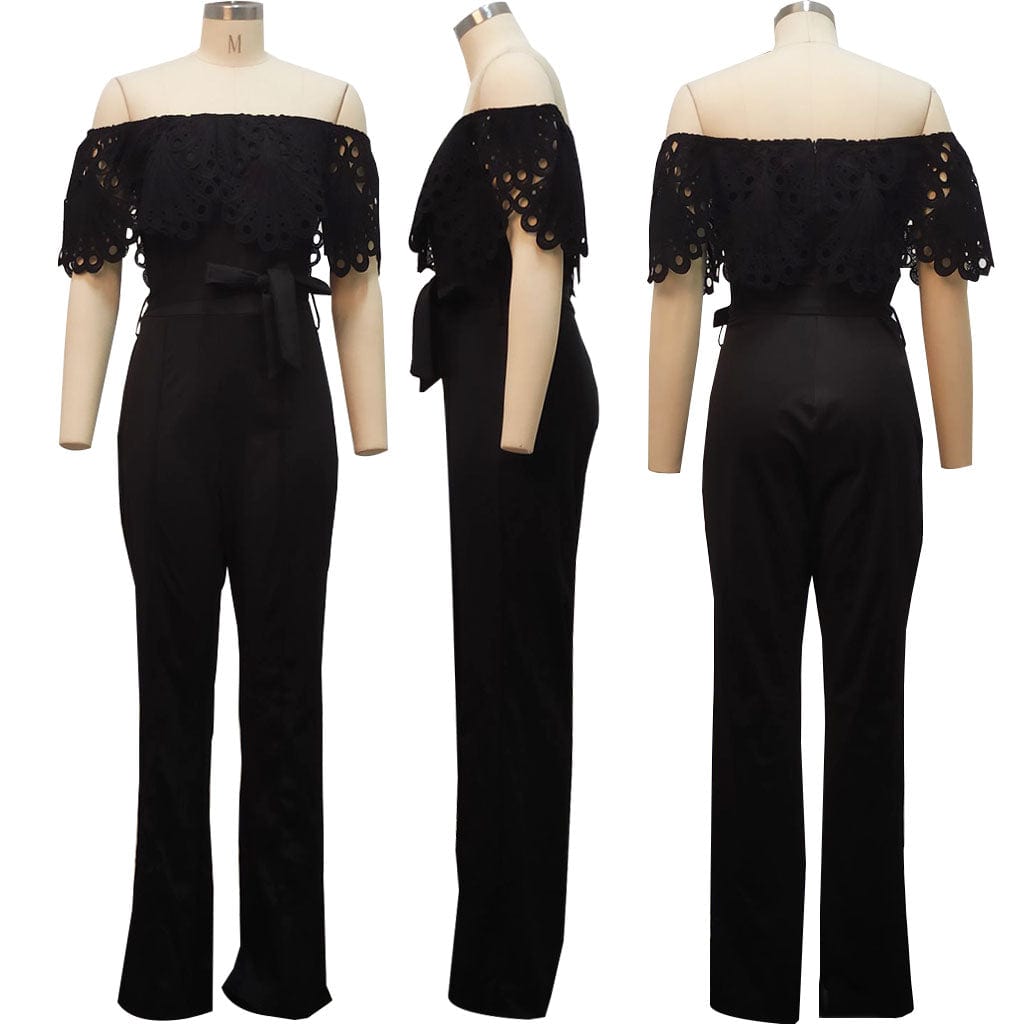 Trendy Women Clothes Women Slim Ruffle Off Shoulder Short Sleeve Solid Long Pants Jumpsuit with Belt Beauty Forever