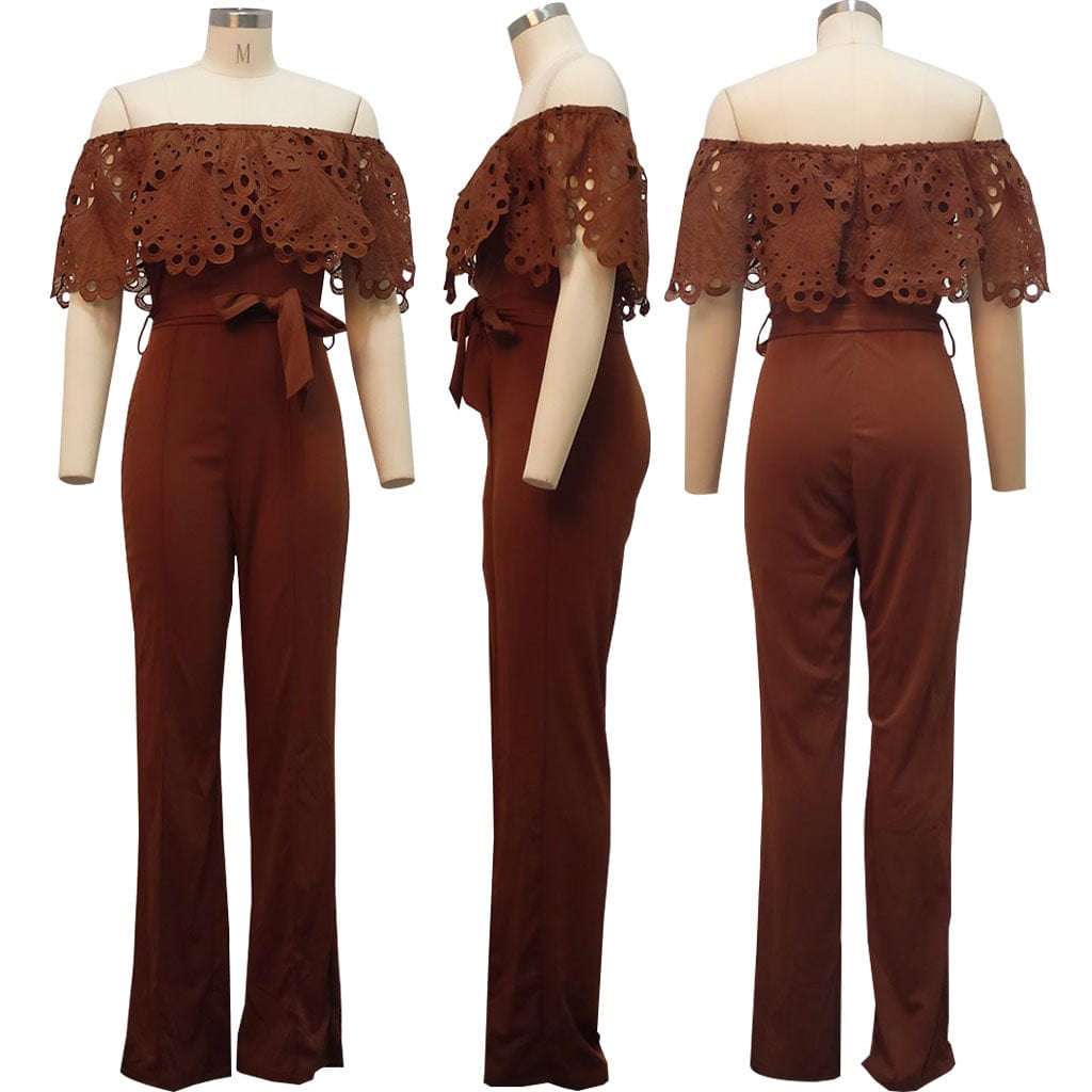 Trendy Women Clothes Women Slim Ruffle Off Shoulder Short Sleeve Solid Long Pants Jumpsuit with Belt Beauty Forever