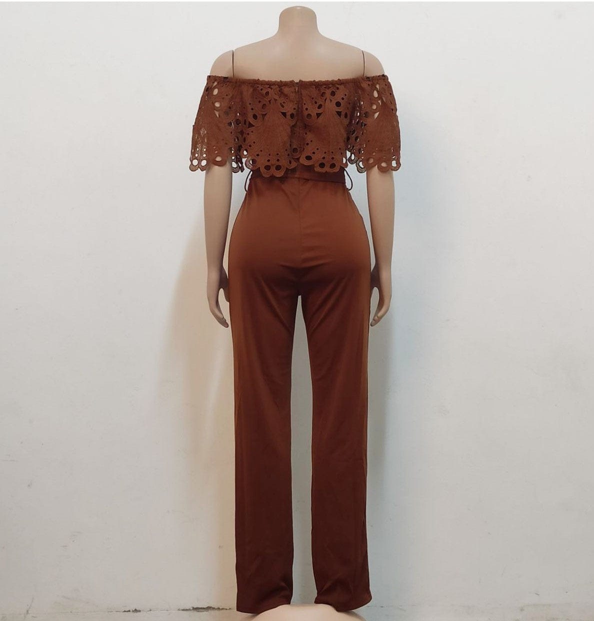 Trendy Women Clothes Women Slim Ruffle Off Shoulder Short Sleeve Solid Long Pants Jumpsuit with Belt Beauty Forever