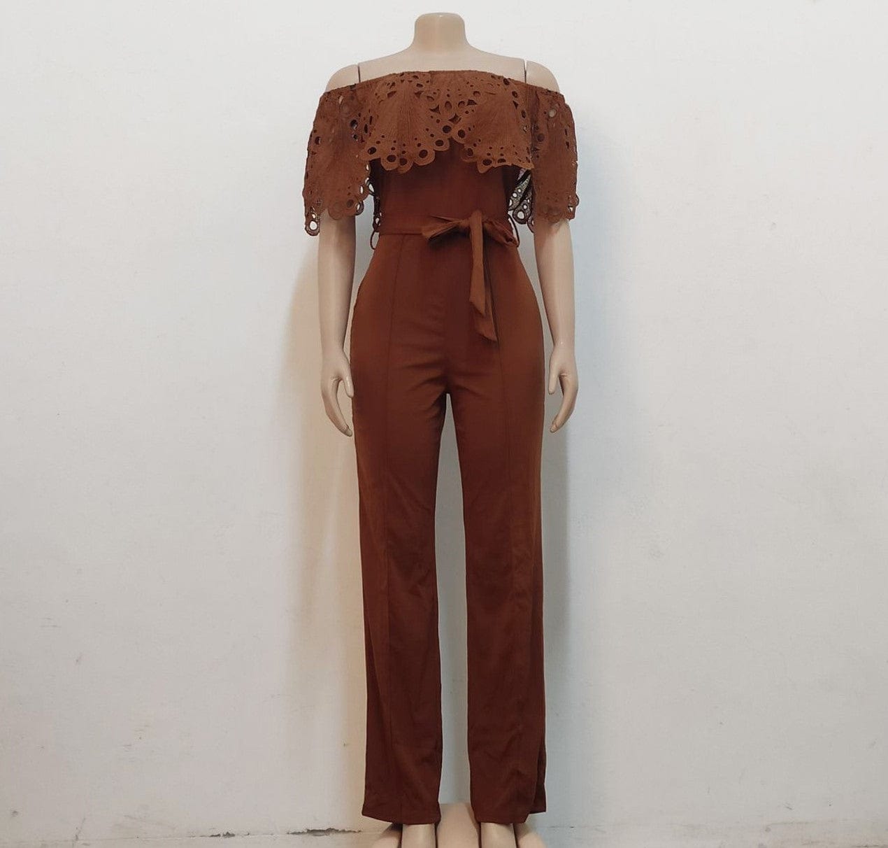 Trendy Women Clothes Women Slim Ruffle Off Shoulder Short Sleeve Solid Long Pants Jumpsuit with Belt Beauty Forever