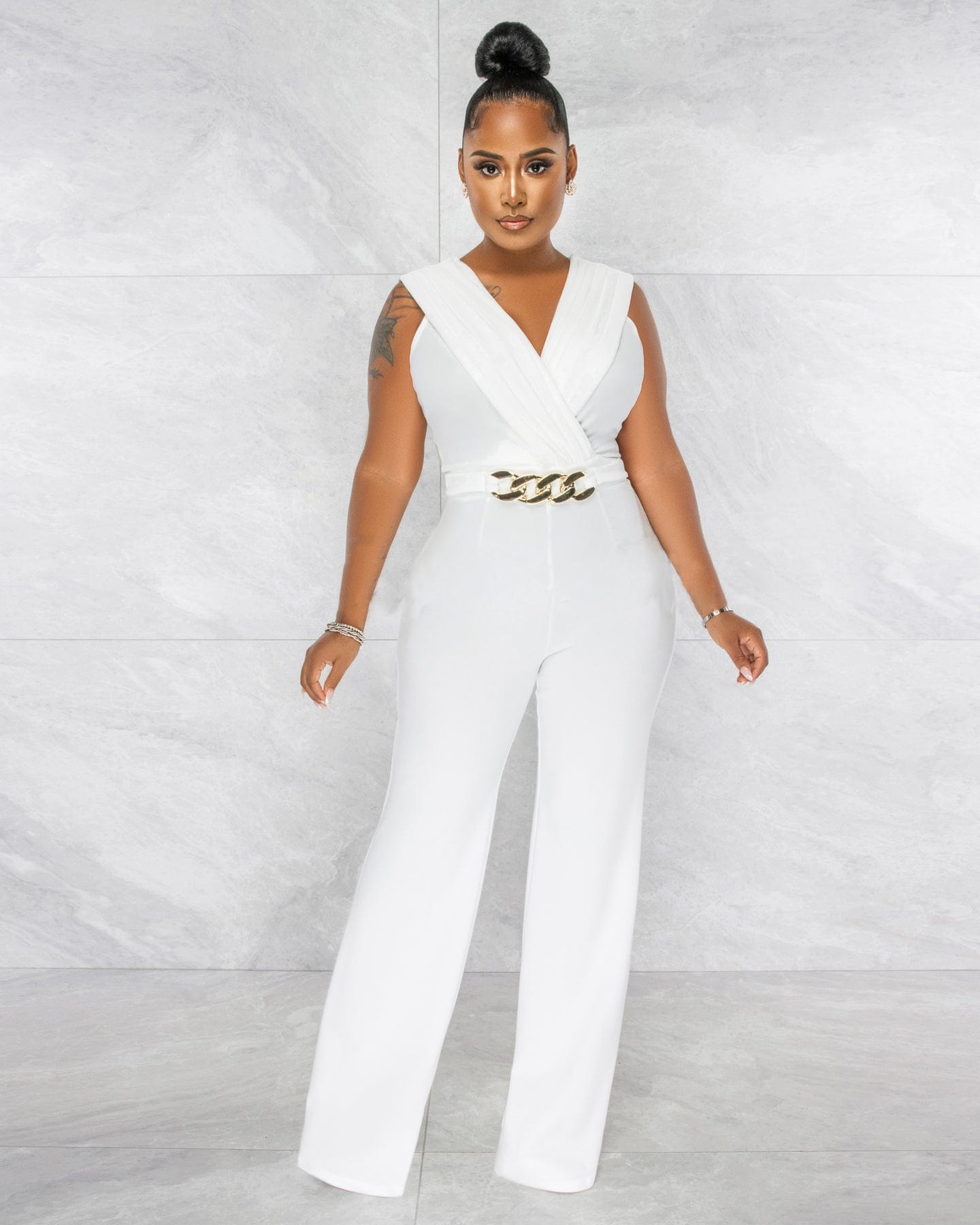 Trendy Women Clothes Womens Jumpsuit Elegant Sleeveless V Neck Pleated Bust Gold Link Jumpsuit Be Your Own Kind Of Beautiful