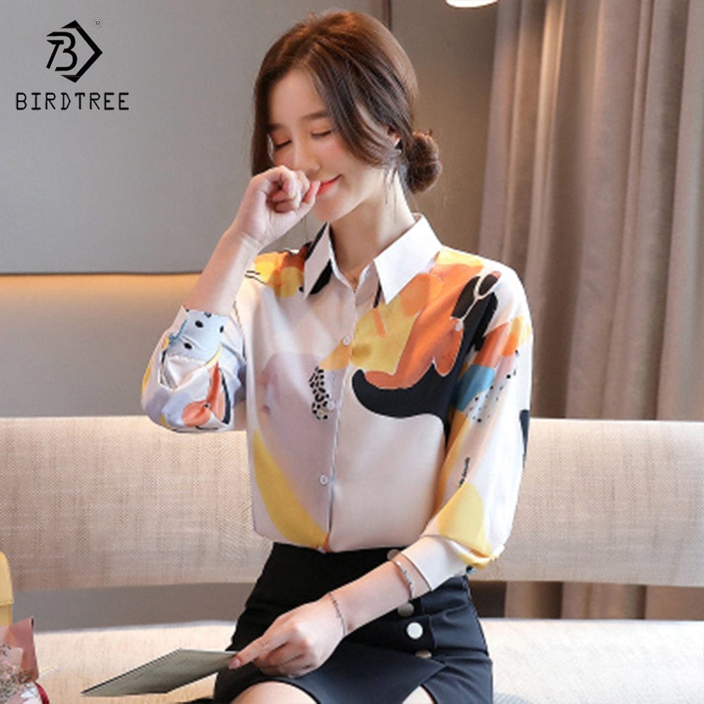 Trendy Women's Long Sleeve Shirts Elegant Printed Workwear Office Loose Blouses Chiffon Shirt Tops Autumn