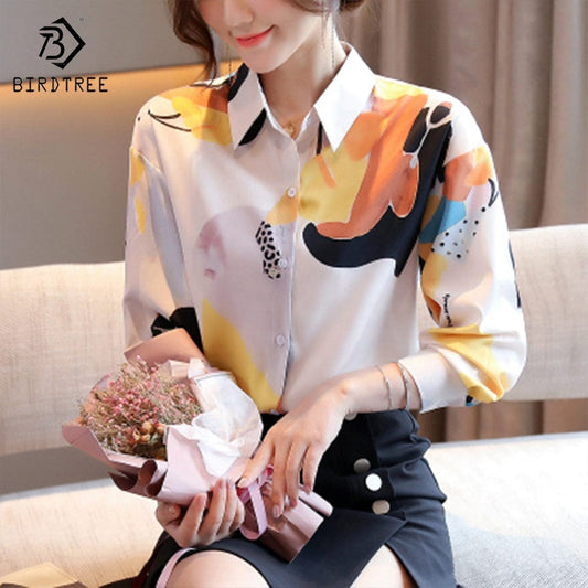 Trendy Women's Long Sleeve Shirts Elegant Printed Workwear Office Loose Blouses Chiffon Shirt Tops Autumn