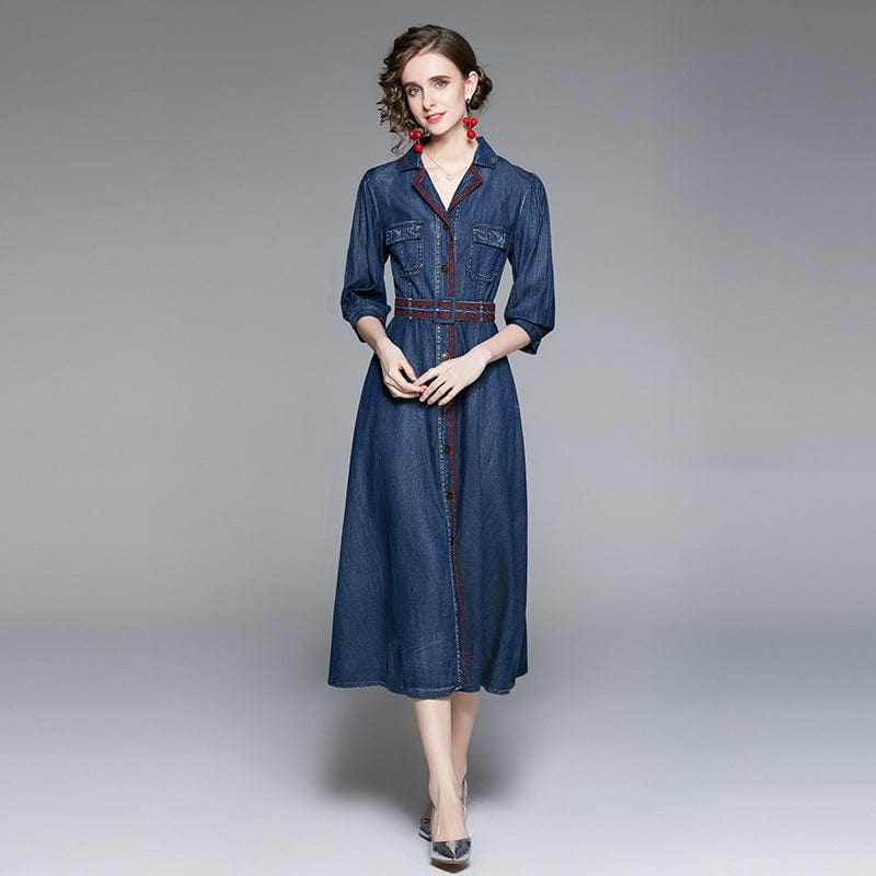 TS33510115 Embroidered denim dress women's spring 2022 new three-quarter sleeve slimming and age-reducing skirt