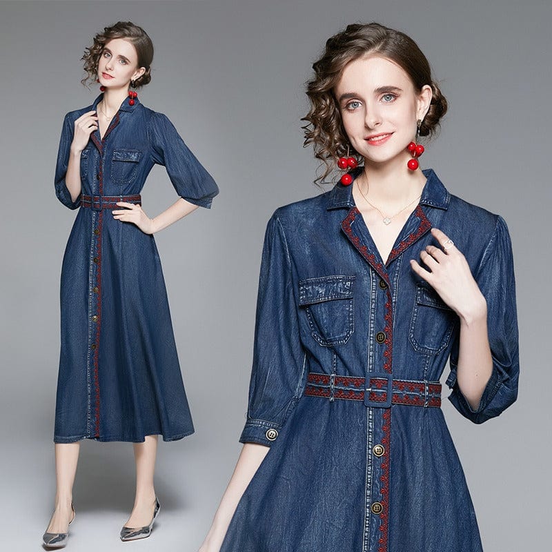 TS33510115 Embroidered denim dress women's spring 2022 new three-quarter sleeve slimming and age-reducing skirt