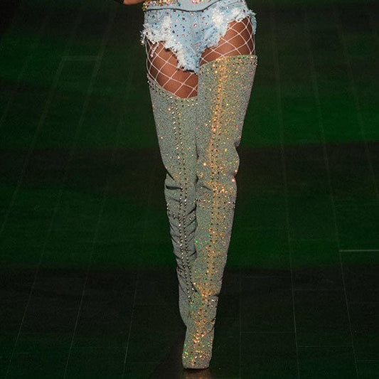 TX 2022 Solid color sexy rivet pointed toe over the knee stiletto catwalk stage women's boots
