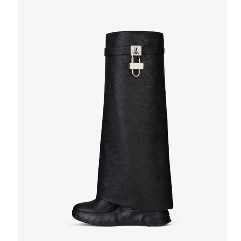 TX 2023 New In Thick Wedge Sole Shock Lock Increasing Designer Boots Overlay Fold Round Toe Long Boots Women Knee