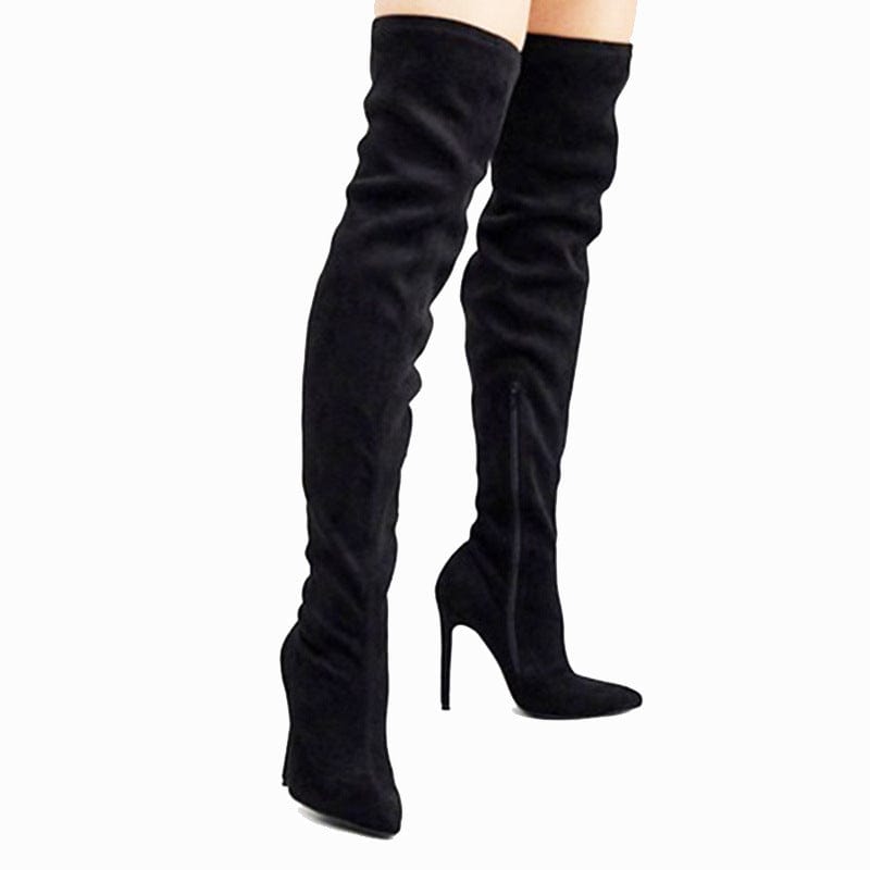 TX China Factory loe price Lady's Thigh High Boots Metal Decor Sexy Pointed Toe over the knee boots thigh high flats