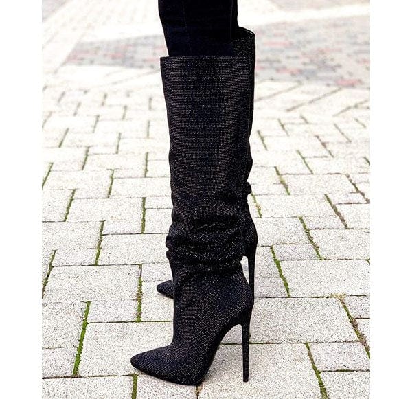 TX Colored bright diamond pointed toe over the knee stiletto fashion street ladies boots knee high