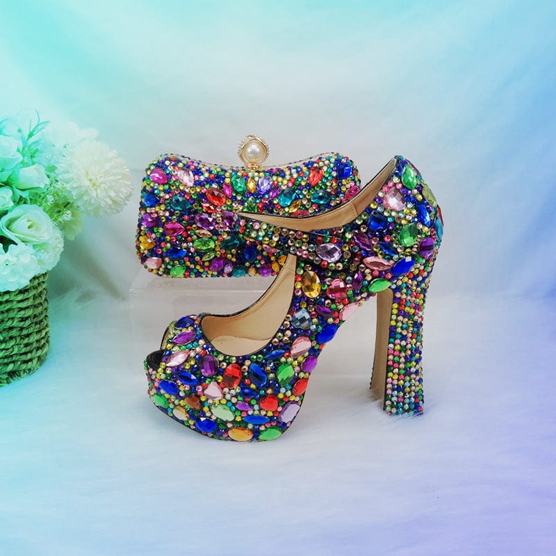 TX fashion chunky large size high heels color rhinestone wedding shoes fish mouth bag shoes women
