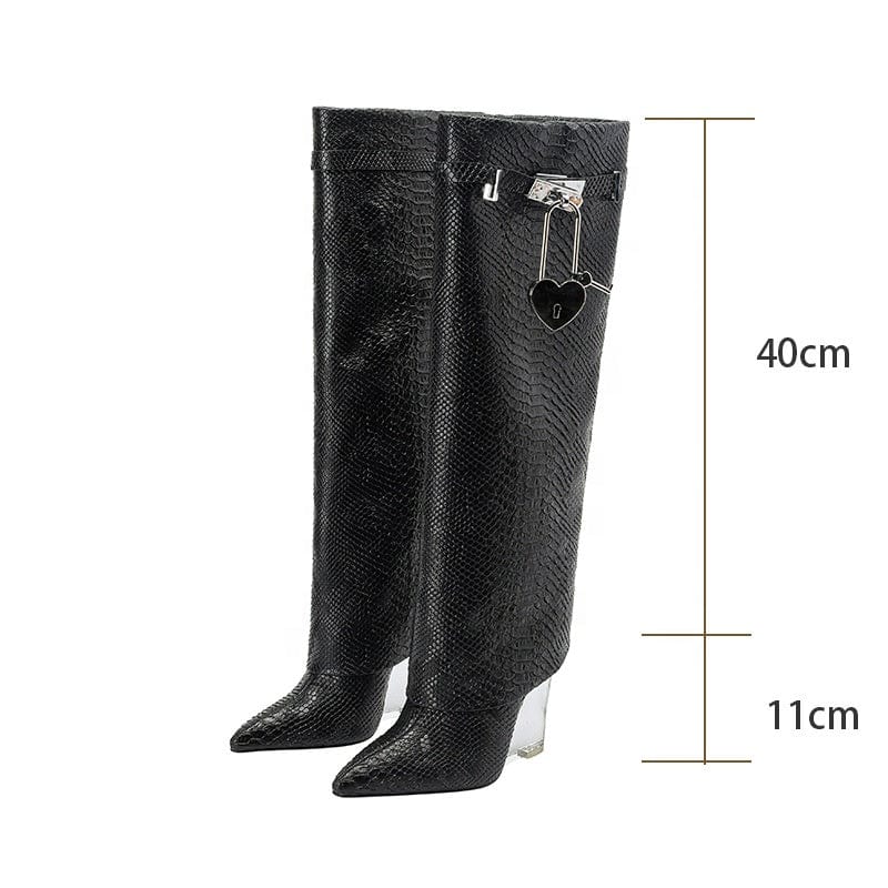 TX High quality jelly sole heeled long pant boots women knee shark lock croc-effect fashion winter boots