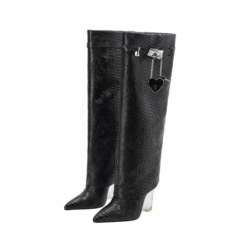 TX High quality jelly sole heeled long pant boots women knee shark lock croc-effect fashion winter boots