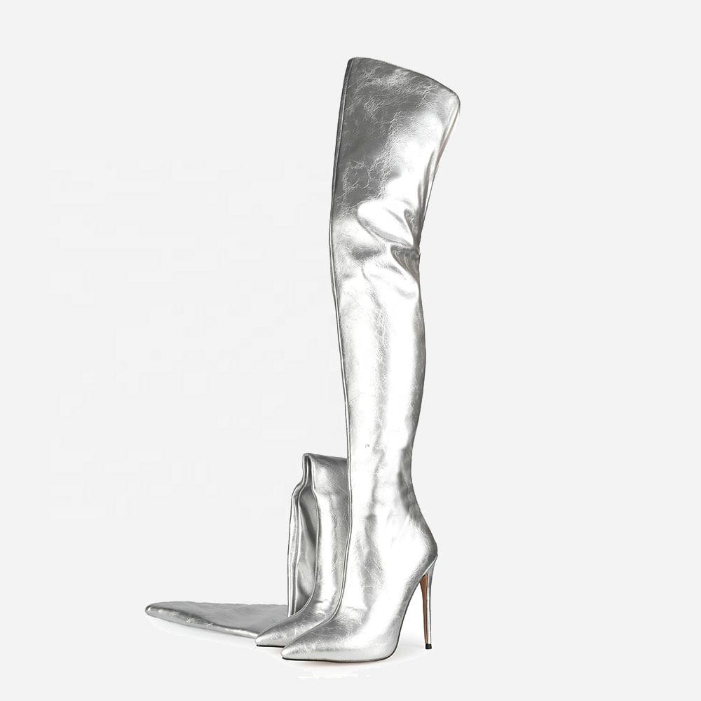 TX Latest New Stiletto High-Heel Over Knee Boots Back Zipper Silver Designer Fashion Women's Thigh High Boots