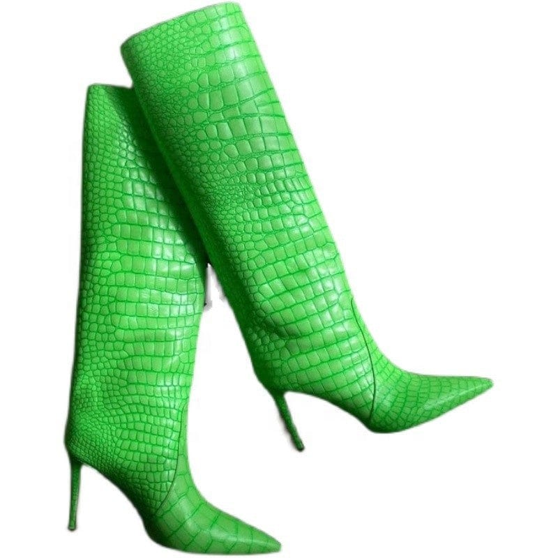 TX New arrival stiletto high-heel snake print catwalk ladies winter boots plus size fluorescent green knee high leather boots